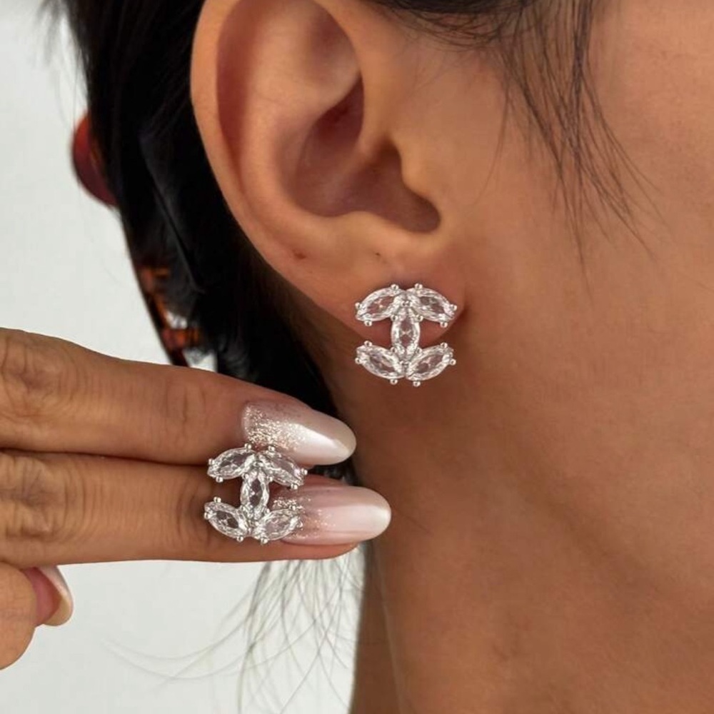 Silver Plated Stainless Steel Cubic Zirconia Floral Stud Earrings